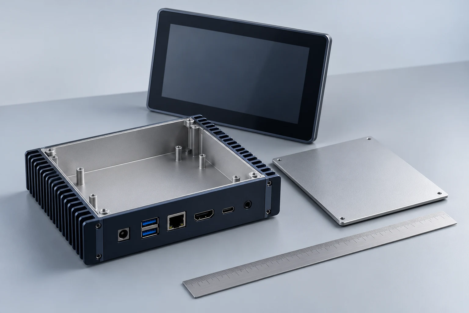 Conceptual empty mini-PC enclosure and panel display for installation-space discussion.